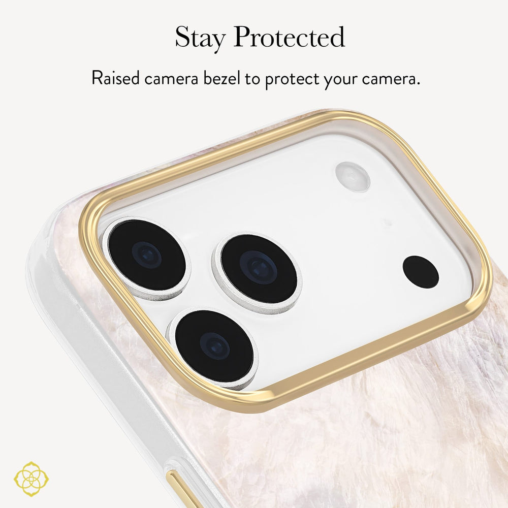 A close-up of a phone case showing the camera area with a raised gold bezel around the lenses and flash. Text above reads 'Stay Protected' and 'Raised bezel to protect your camera.

#color_champagne oyster pearl