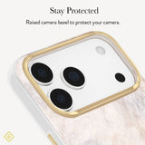 A close-up of a phone case showing the camera area with a raised gold bezel around the lenses and flash. Text above reads 'Stay Protected' and 'Raised bezel to protect your camera.

#color_champagne oyster pearl