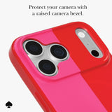 A close-up of a red and pink phone case with a raised camera bezel, shown on a light gray background with the text 'Protect your camera with a raised camera bezel.' and a small black spade logo in the corner.
#color_racing stripe pop pink