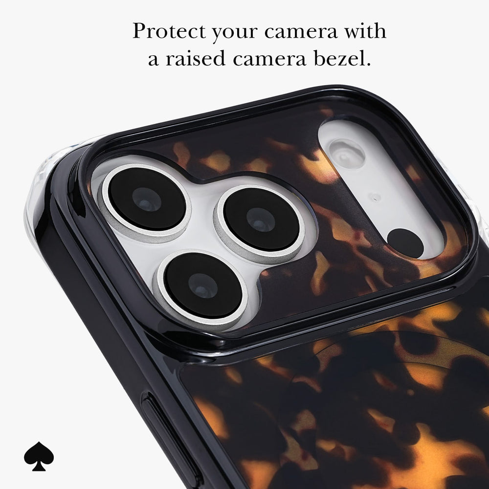 A close-up of a phone case with a raised black camera bezel and a glossy tortoiseshell-style pattern in amber, orange, and black. Text at the top reads, 'Protect your camera with a raised camera bezel.
#color_tortoise