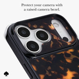 A close-up of a phone case with a raised black camera bezel and a glossy tortoiseshell-style pattern in amber, orange, and black. Text at the top reads, 'Protect your camera with a raised camera bezel.
#color_tortoise