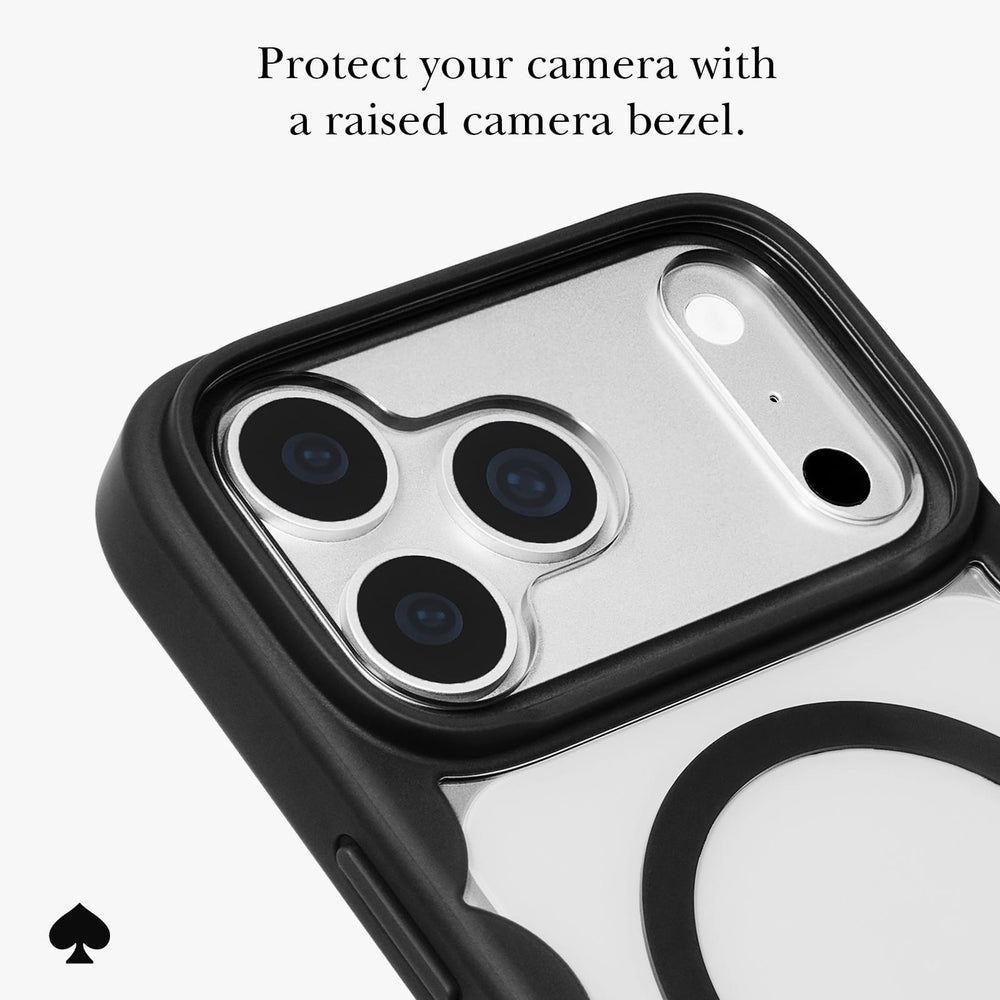 Close-up of a black phone case with a raised camera bezel, shown on a silver phone. Text at the top reads 'Protect your camera with a raised camera bezel.
#color_scallop black