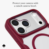 A close-up of a phone case with a deep red raised camera bezel and a clear back, shown on a silver smartphone. Text at the top reads 'Protect your camera with a raised camera bezel.
#color_scallop cherry glaze