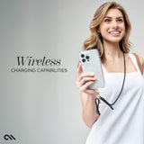 Clear iPhone 15 Pro Max case with attached black lanyard strap, shown on person's hand.