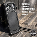 A rugged black Pelican phone case with a carbon fiber textured back panel, leaning against a dark textured surface. The image features promotional text highlighting its durable carbon construction and a Pelican badge in the bottom right corner.
#color_shield carbon