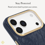Close-up of a phone case with a raised gold bezel around the camera cutout, shown on a white phone against a light gray background. Text at the top reads 'Stay Protected' and 'Raised bezel to protect your camera.
#color_navy pearl