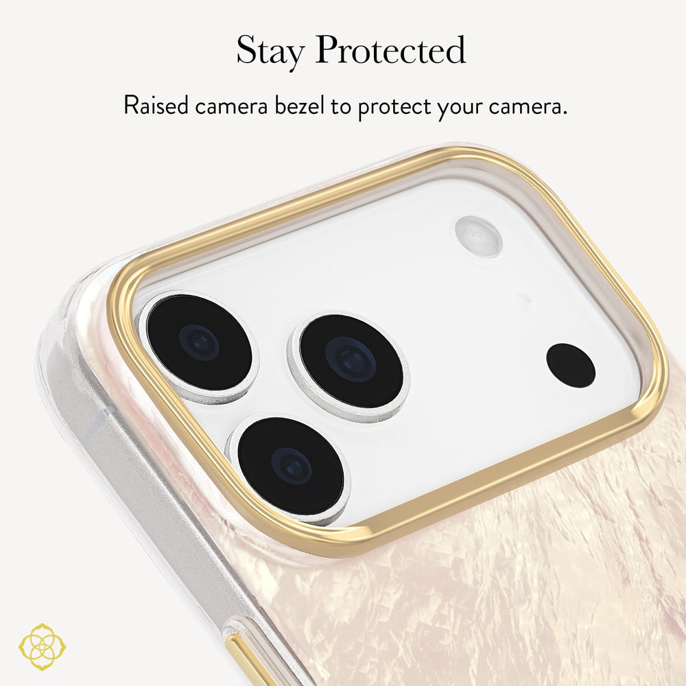 A close-up of a phone case with a raised gold bezel around the camera area, shown on a white phone back. Text at the top reads 'Stay Protected' and 'Raised bezel to protect your camera.
#color_cream pearl