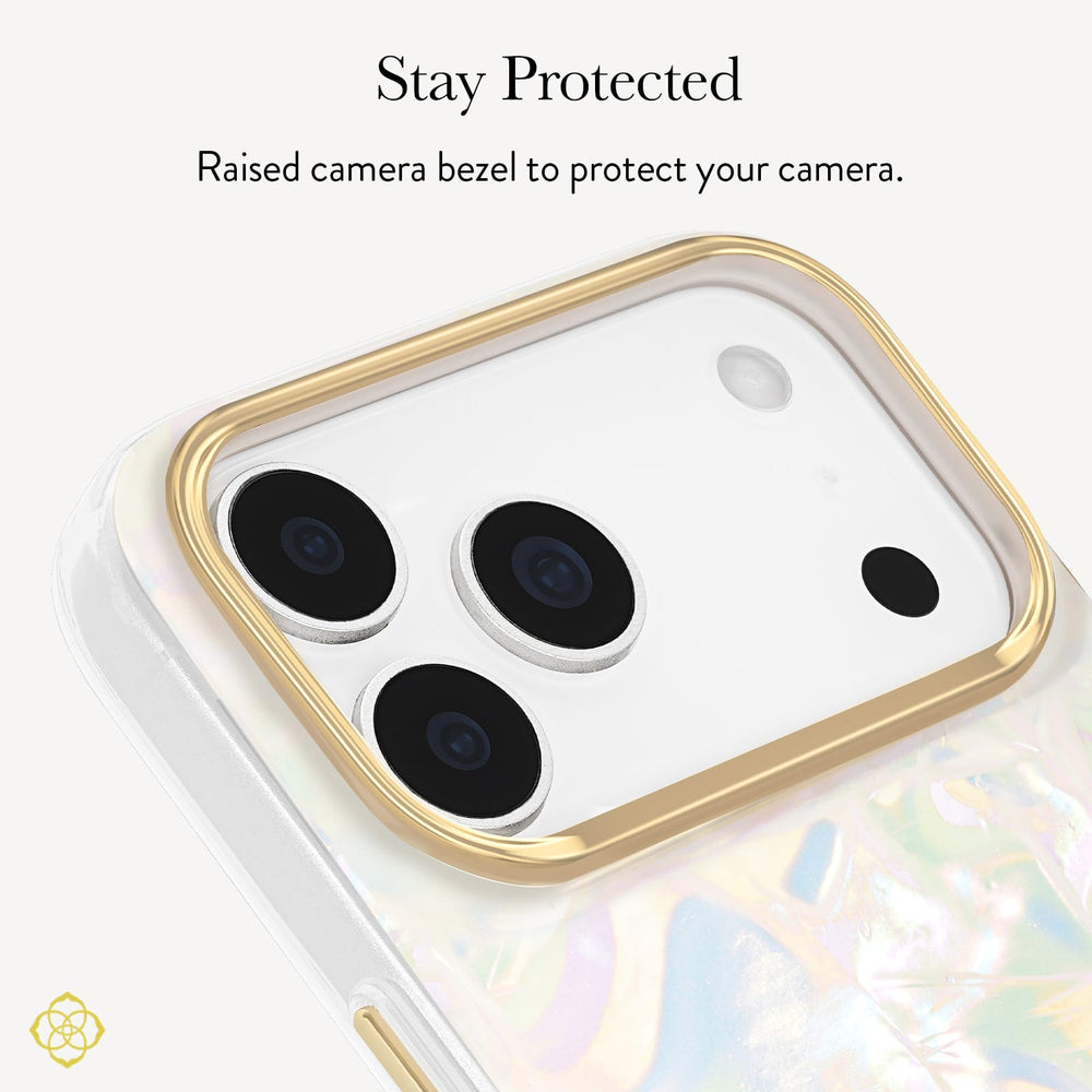 A close-up of a phone case with a raised gold bezel around the camera cutout, shown on a white phone back. Text at the top reads 'Stay Protected' and 'Raised bezel to protect your camera.

#color_opalite pearl