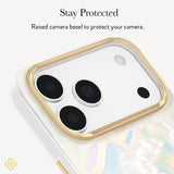 A close-up of a phone case with a raised gold bezel around the camera cutout, shown on a white phone back. Text at the top reads 'Stay Protected' and 'Raised bezel to protect your camera.

#color_opalite pearl