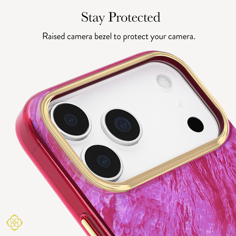 A close-up of a phone case with a textured pink and purple marbled design, a gold raised bezel around the camera cutout, and black camera lenses visible. Text at the top reads 'Stay Protected' and 'Raised bezel to protect your camera.
#color_raspberry pearl