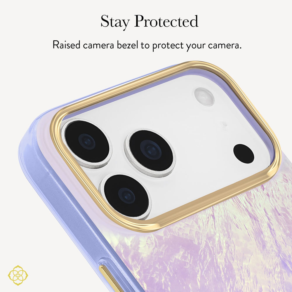 A close-up of a phone case with a lavender and white marbled pattern, featuring a raised gold bezel around the camera cutout. Text at the top reads 'Stay Protected' and 'Raised bezel to protect your camera. 
#color_blue pearl