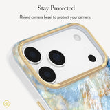 A close-up of a smartphone case with a gold raised bezel around the camera area and a marbled blue, white, and gold back, shown on a phone. Text at the top reads 'Stay Protected' and 'Raised bezel to protect your camera.

#color_blue agate