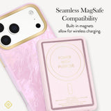 A light pink magnetic wireless phone charger with gold text and a charging symbol, shown next to a phone case with a gold-trimmed camera cutout. Text on the image reads 'Seamless MagSafe Compatibility' and 'Built-in magnets allow for wireless charging.

#color_pink pearl