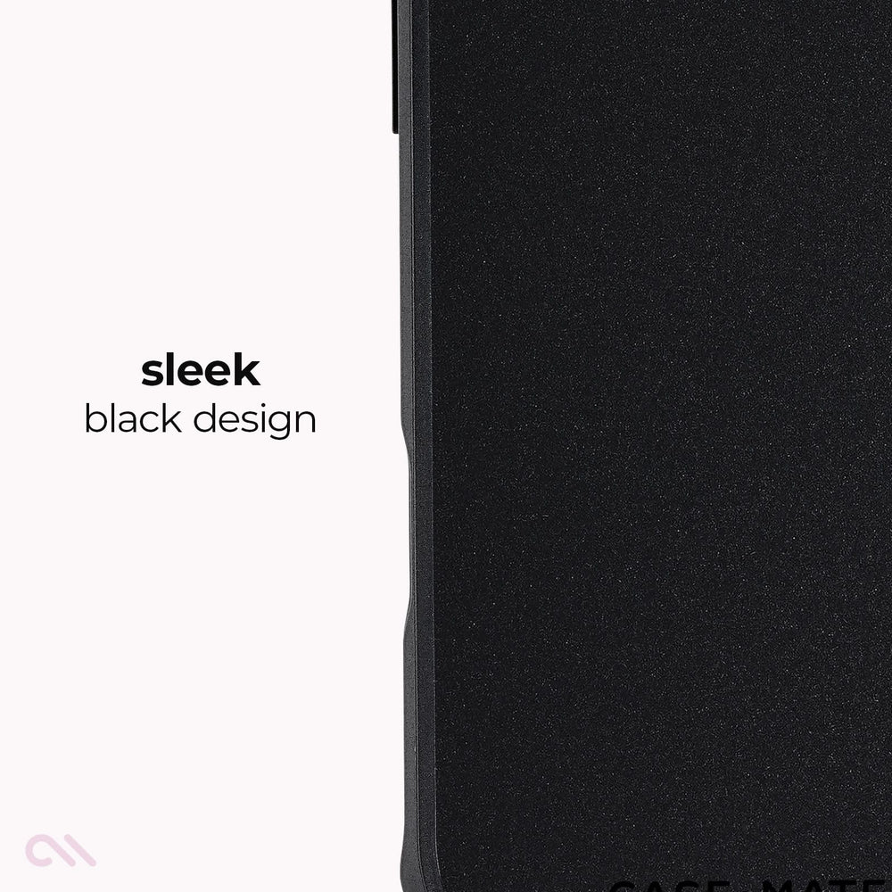 Close-up of a black textured phone case with a slim edge, shown next to white text reading 'sleek black design'.

#color_tough black
