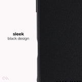 Close-up of a black textured phone case with a slim edge, shown next to white text reading 'sleek black design'.

#color_tough black
