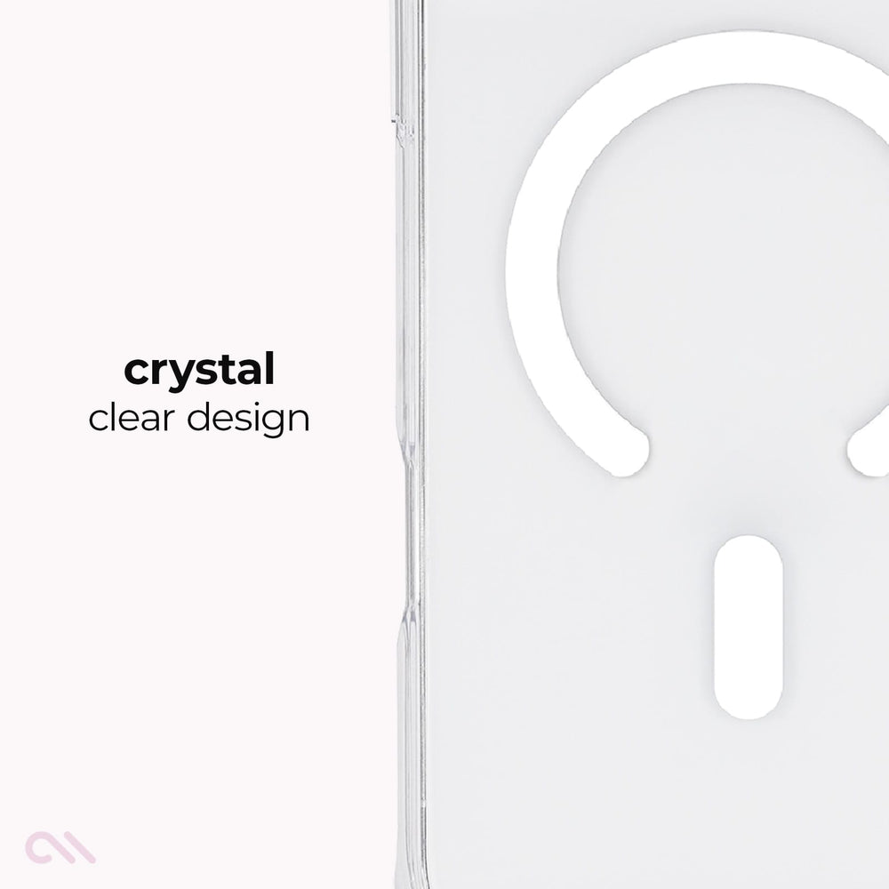 A close-up of a clear phone case labeled 'crystal clear design' on a white background, showing a transparent edge and a cutout design.
#color_tough clear magsafe
