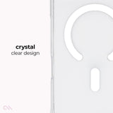 A close-up of a clear phone case labeled 'crystal clear design' on a white background, showing a transparent edge and a cutout design.
#color_tough clear magsafe
