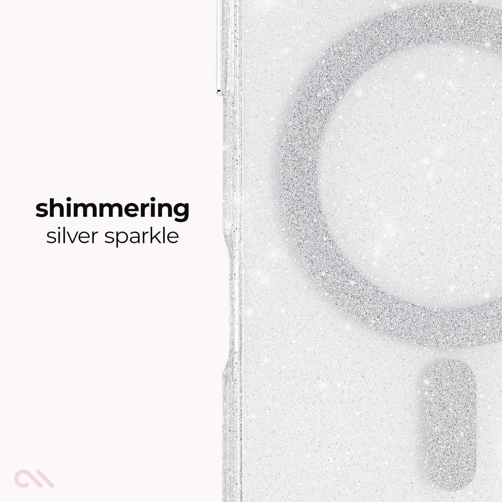 A close-up of a silver glitter phone case with a circular MagSafe ring and a small oval cutout, shown next to text that reads 'shimmering silver sparkle' on a white background.

#color_sheer twinkle silver