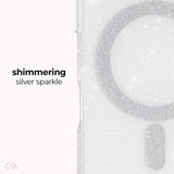 A close-up of a silver glitter phone case with a circular MagSafe ring and a small oval cutout, shown next to text that reads 'shimmering silver sparkle' on a white background.

#color_sheer twinkle silver