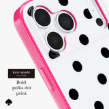 A close-up of a phone case with a white background, bold black polka dots, and a bright pink bumper edge. The camera cutout area shows three camera lenses.

#color_picture dot pop pink
