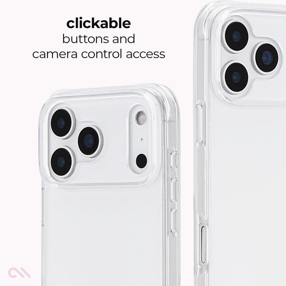 A clear protective phone case shown on a white smartphone, with text reading 'clickable buttons and camera control access' and a small logo in the lower left corner.
#color_tough clear