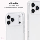 A clear protective phone case shown on a white smartphone, with text reading 'clickable buttons and camera control access' and a small logo in the lower left corner.
#color_tough clear
