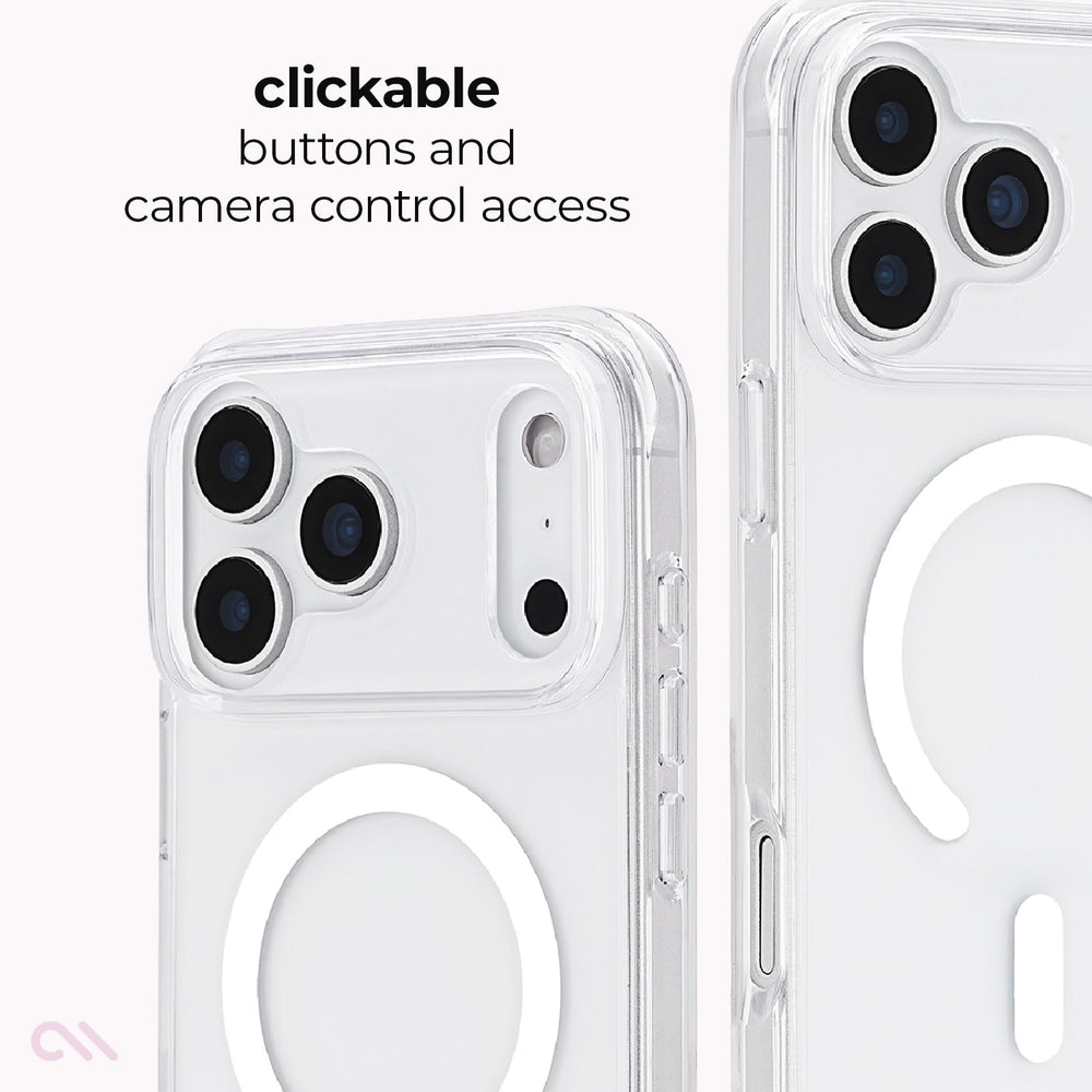 Clear protective phone case with a large white MagSafe ring on the back, shown on a phone from the rear and side angles. Text at the top reads 'clickable buttons and camera control access'.
#color_tough clear magsafe