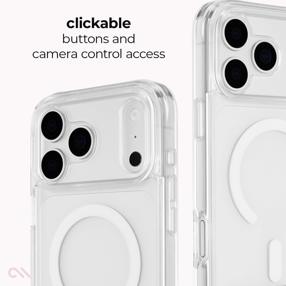 Clear MagSafe-compatible phone case shown on two smartphone back views, with text reading 'clickable buttons and camera control access' and a small pink stylized logo in the corner.

#color_tough plus clear