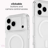 Clear MagSafe-compatible phone case shown on two smartphone back views, with text reading 'clickable buttons and camera control access' and a small pink stylized logo in the corner.

#color_tough plus clear