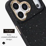 Kate Spade New York Luxe crystal-embellished black phone case with a gold heart-shaped camera bezel, shown on a white background with product text and logo.
#color_crystal pavé