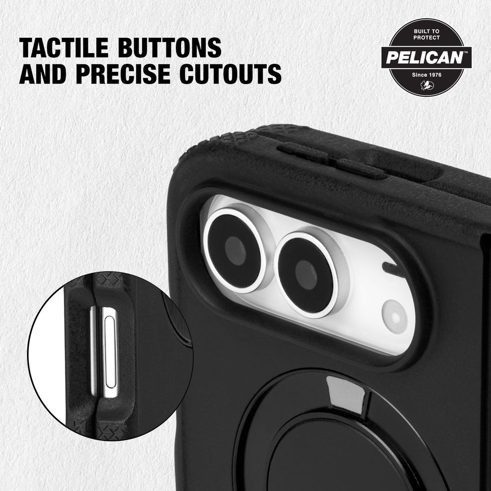 Black Pelican rugged phone case with a circular magnetic ring, featuring a close-up of the camera cutout and a circular inset showing the precise button cutout, with text reading 'TACTILE BUTTONS AND PRECISE CUTOUTS' and a Pelican badge.
#color_protector black