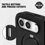 Black Pelican rugged phone case with a circular magnetic ring, featuring a close-up of the camera cutout and a circular inset showing the precise button cutout, with text reading 'TACTILE BUTTONS AND PRECISE CUTOUTS' and a Pelican badge.
#color_protector black