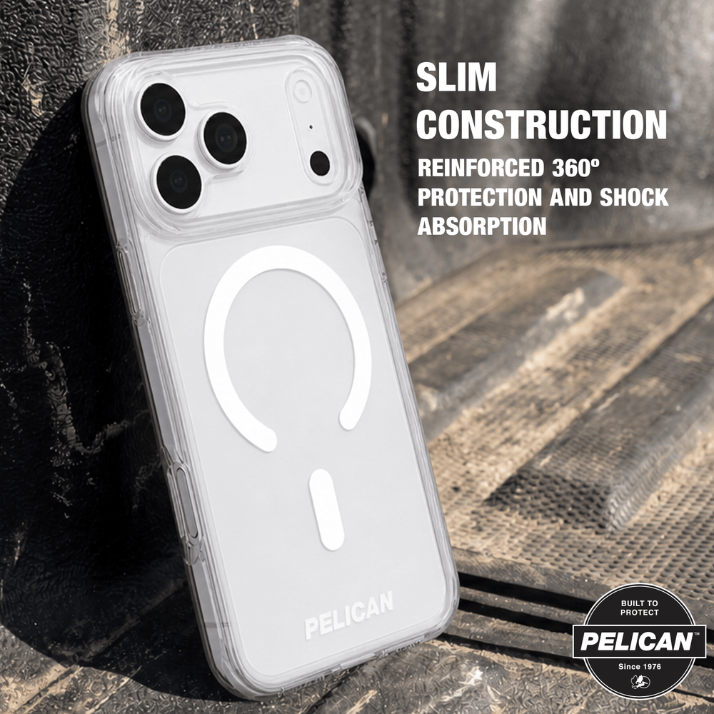 A clear Pelican phone case with a white magnetic ring and camera cutout, shown leaning against a textured dark surface. White text on the right reads 'SLIM CONSTRUCTION' and 'REINFORCED 360° PROTECTION AND SHOCK ABSORPTION', with a Pelican badge in the bottom right corner.
#color_ranger clear
