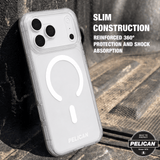A clear Pelican phone case with a white magnetic ring and camera cutout, shown leaning against a textured dark surface. White text on the right reads 'SLIM CONSTRUCTION' and 'REINFORCED 360° PROTECTION AND SHOCK ABSORPTION', with a Pelican badge in the bottom right corner.
#color_ranger clear
