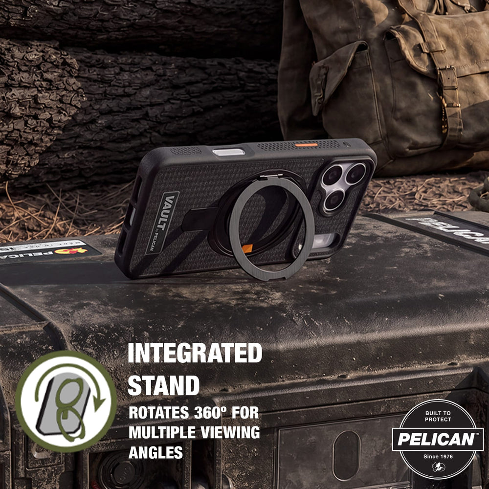 Integrated Stand rotates 360 degrees for multiple viewing angles
#color_vault black ripstop
