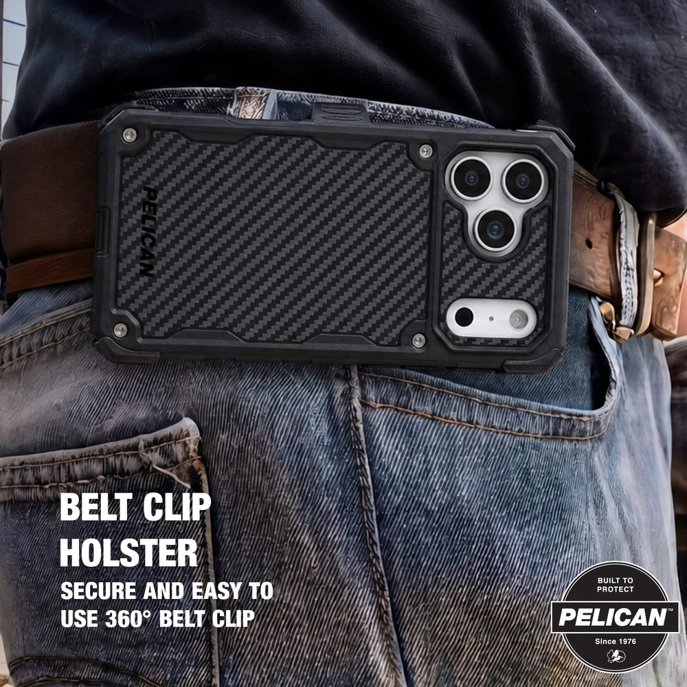 Pelican belt clip holster case shown attached to a person's waistband with blue jeans and a brown belt, with product text and a Pelican badge on the image. Belt clip holster secure and easy to use 360 degree belt clip
#color_shield carbon
