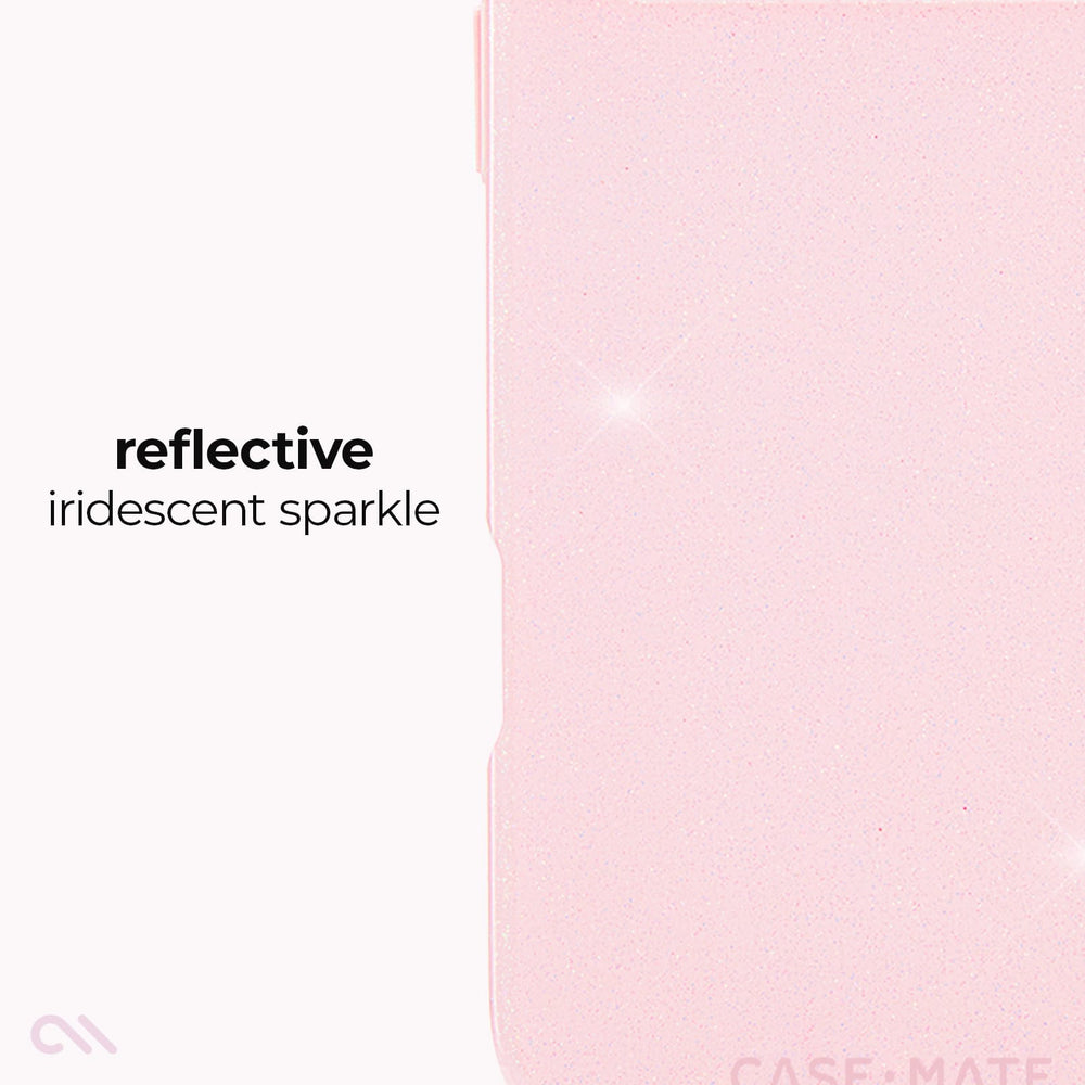 A pale pink phone case with a textured, glittery finish and subtle reflective sparkle effect, shown next to white text that reads 'reflective iridescent sparkle'.

#color_ballet pink twinkle
