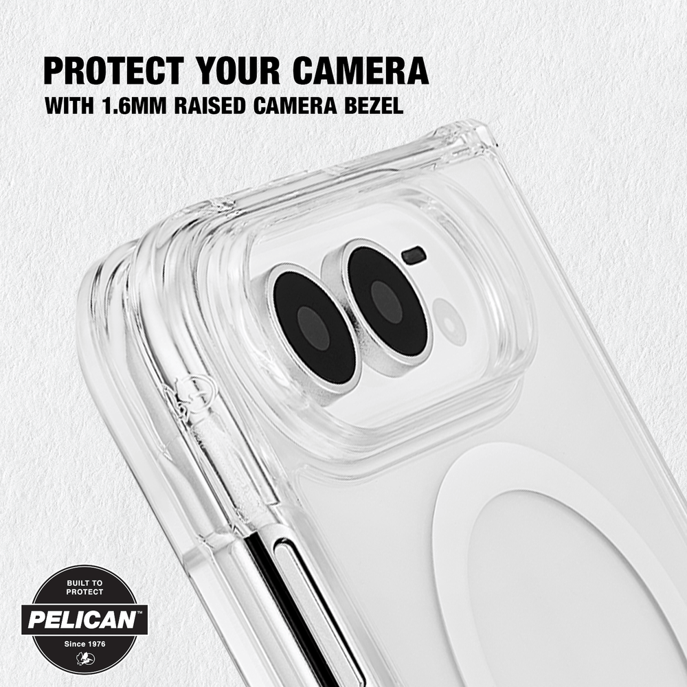 Clear protective phone case with a raised camera bezel shown on a white phone, with text reading 'PROTECT YOUR CAMERA WITH 1.6MM RAISED CAMERA BEZEL' and a Pelican logo badge.
#color_ranger clear