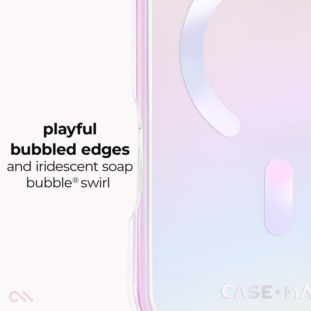 A close-up of a phone case with a soft pastel gradient finish in pink, lavender, and pale blue, featuring a translucent bubbled edge and a vertical iridescent oval detail. Text on the left reads 'playful bubbled edges and iridescent soap bubble swirl.

#color_jelly pop iridescent
