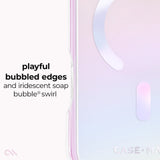 A close-up of a phone case with a soft pastel gradient finish in pink, lavender, and pale blue, featuring a translucent bubbled edge and a vertical iridescent oval detail. Text on the left reads 'playful bubbled edges and iridescent soap bubble swirl.

#color_jelly pop iridescent
