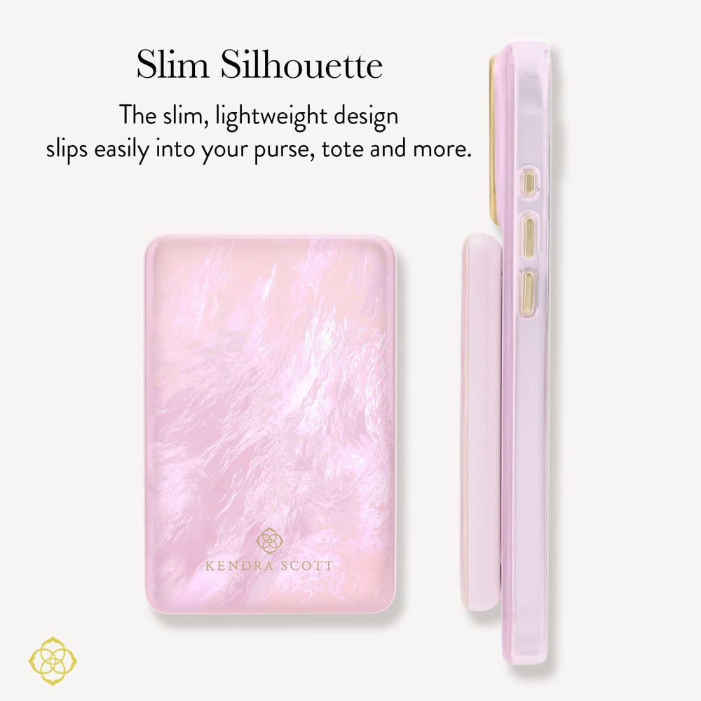 A pink Kenda Scott slim power bank shown from the back and side on a light gray background, with promotional text above describing its slim, lightweight design.
#color_pink pearl