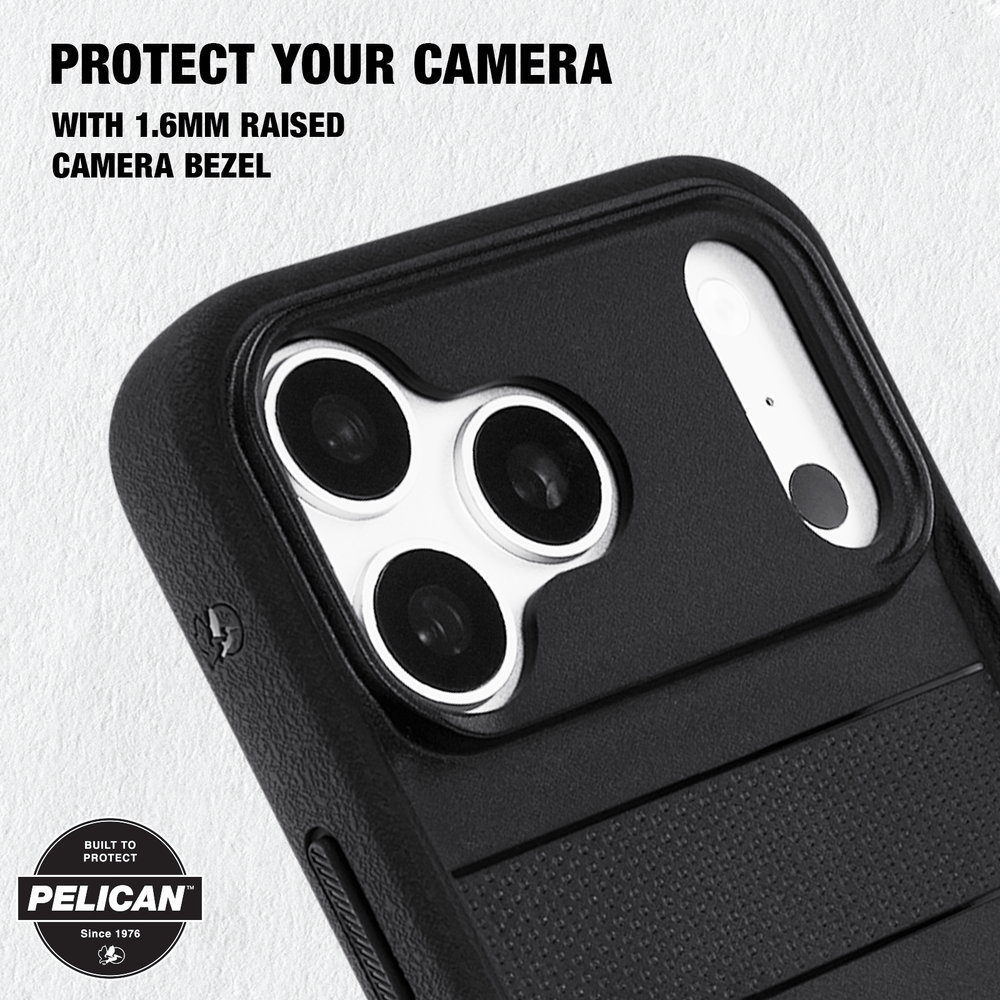 Black textured phone case with a raised camera bezel, shown close-up on a light textured background with text reading 'PROTECT YOUR CAMERA WITH 1.6MM RAISED CAMERA BEZEL' and a Pelican badge.
#color_protector black