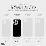Black silicone case for iPhone 15 Pro with three camera lens cutouts and MagSafe compatibility.