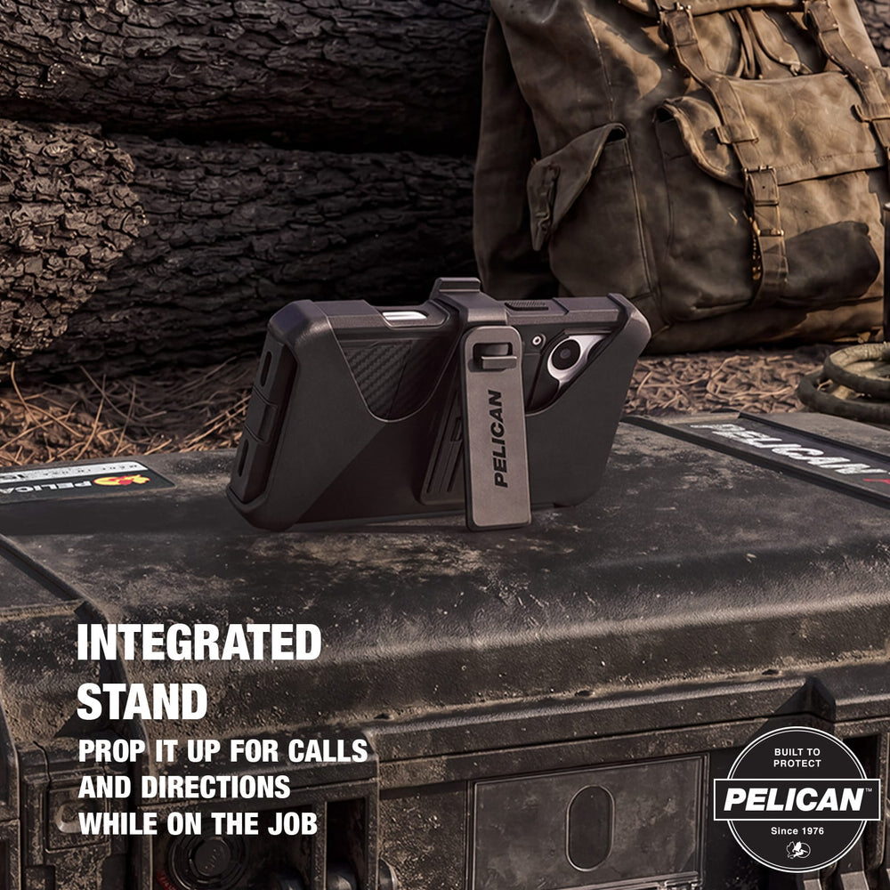 Black Pelican rugged phone case with an integrated vertical stand, shown outdoors on a metal surface with a blurred natural background. White text on the image reads 'INTEGRATED STAND' and 'PROP IT UP FOR CALLS AND DIRECTIONS WHILE ON THE JOB'.

#color_shield carbon