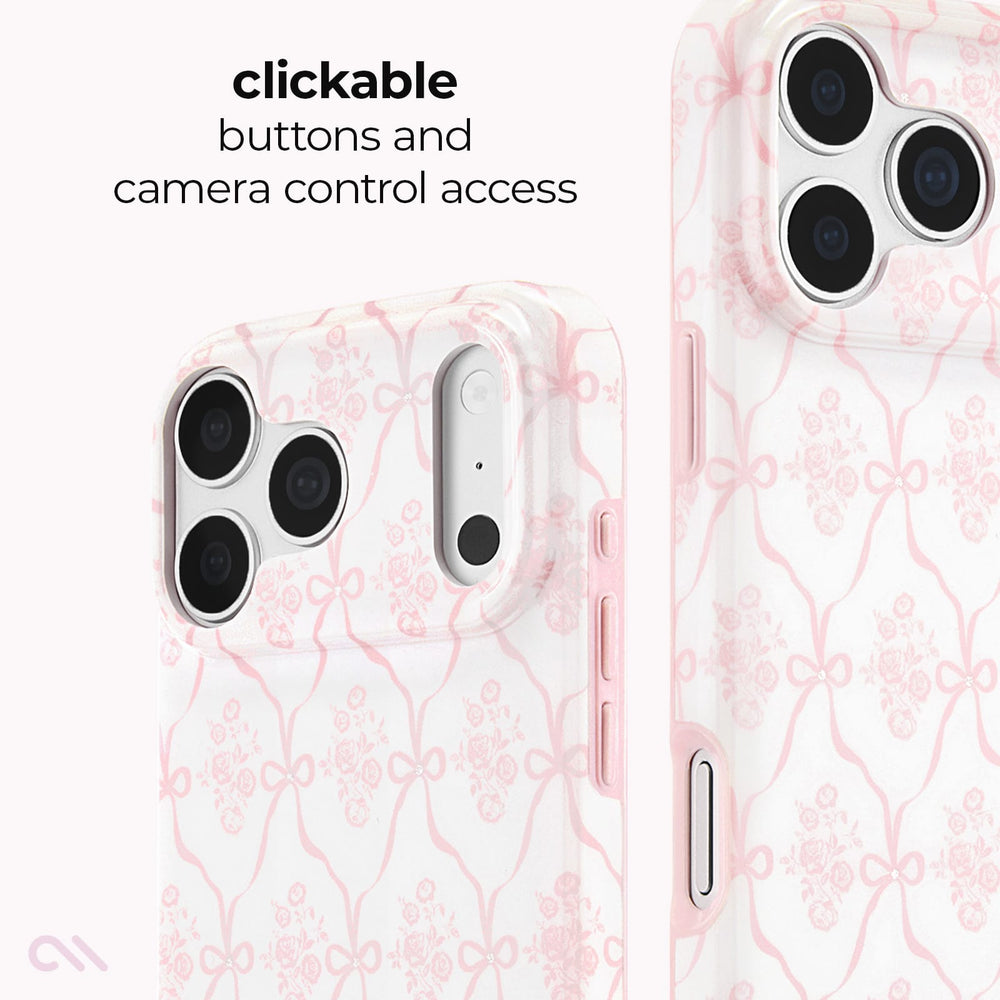 A clear phone case with a light pink bow and floral pattern, shown on a phone from the back and side. The image includes text that reads 'clickable buttons and camera control access' and a small logo in the bottom-left corner.

#color_ballet pink bow