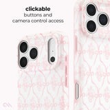 A clear phone case with a light pink bow and floral pattern, shown on a phone from the back and side. The image includes text that reads 'clickable buttons and camera control access' and a small logo in the bottom-left corner.

#color_ballet pink bow