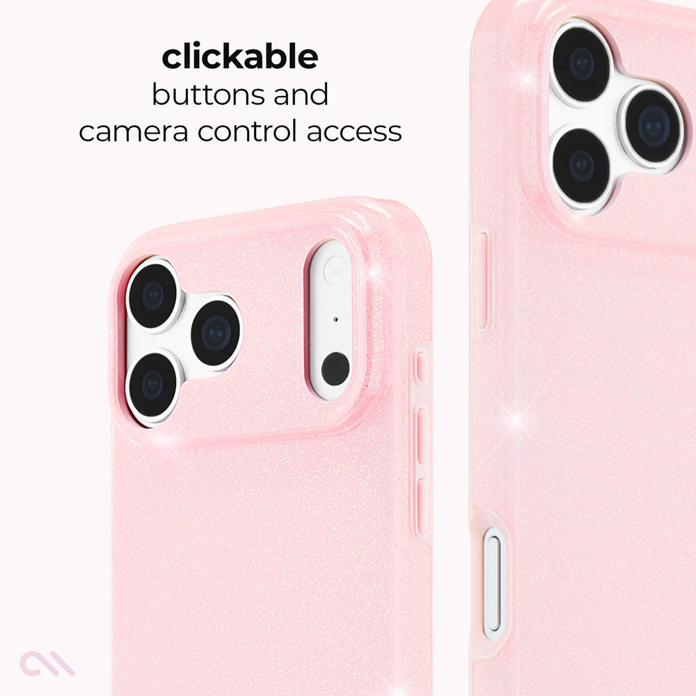 A pink phone case shown from the back and side, with text reading 'clickable action button and camera control access' and sparkle graphics highlighting button functionality.

#color_ballet pink twinkle