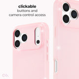A pink phone case shown from the back and side, with text reading 'clickable action button and camera control access' and sparkle graphics highlighting button functionality.

#color_ballet pink twinkle