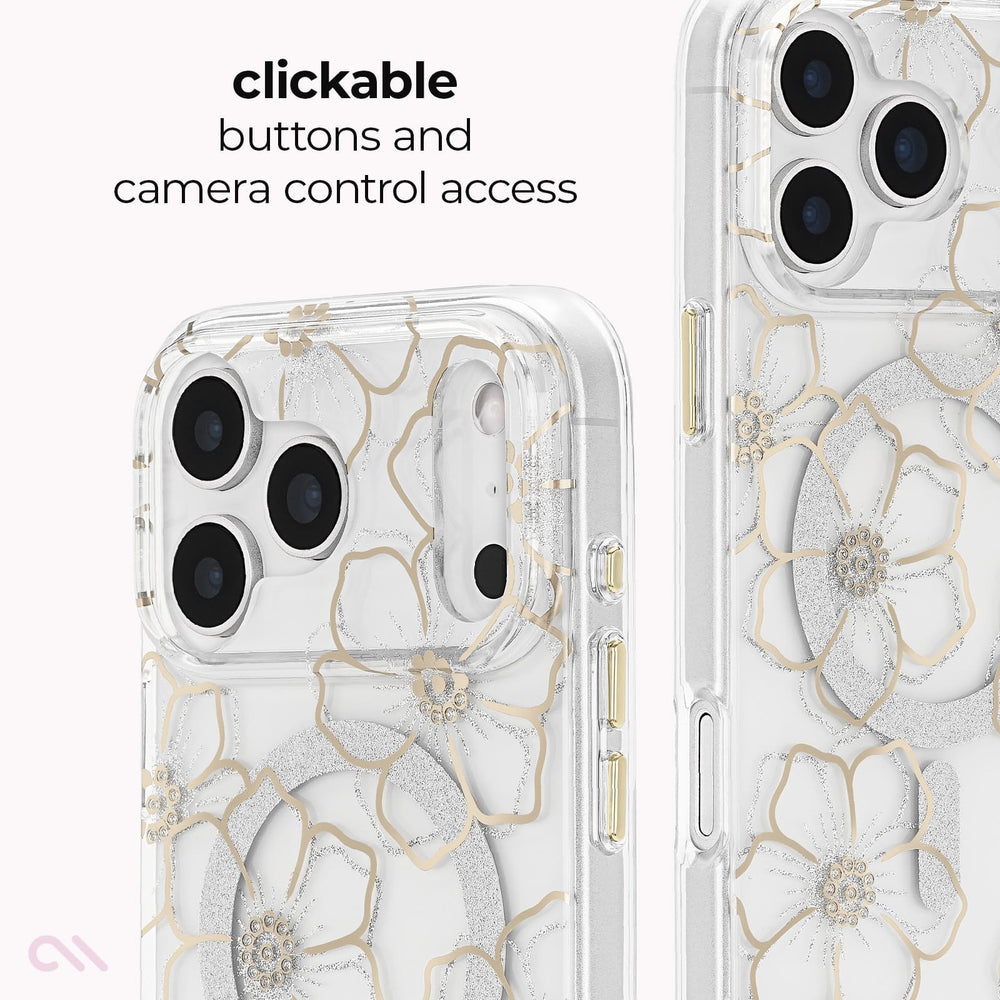 Clear phone case with a white floral pattern and gold glitter accents, shown on a phone with text highlighting clickable buttons and camera control access.
#color_floral gems