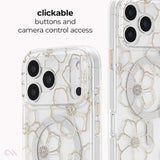 Clear phone case with a white floral pattern and gold glitter accents, shown on a phone with text highlighting clickable buttons and camera control access.
#color_floral gems